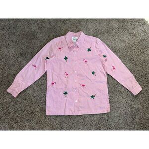 QUACKER FACTORY Button Up Shirt Pink White Gingham Flamingo Pineapple SMALL